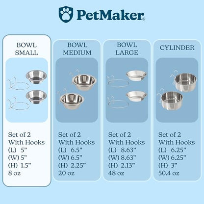 Set of 2 Stainless-Steel Dog Bowls - Cage, Kennel, and Crate Hanging Pet Bowls for Food and Water - 8oz Each and Dishwasher Safe by PETMAKER, Silver - size: 8oz