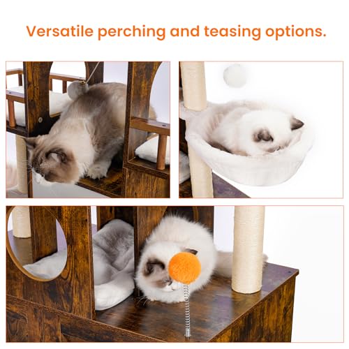 Heybly Cat Tree with Litter Box Enclosure for Indoor Big Cat, Cat Tower for Large Cats 20lbs Heavy Duty, Modern Cat Condo Furniture with Scratching Posts, Rustic Brown HCT110SR - color: Rustic Brown