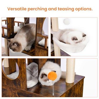 Heybly Cat Tree with Litter Box Enclosure for Indoor Big Cat, Cat Tower for Large Cats 20lbs Heavy Duty, Modern Cat Condo Furniture with Scratching Posts, Rustic Brown HCT110SR - color: Rustic Brown