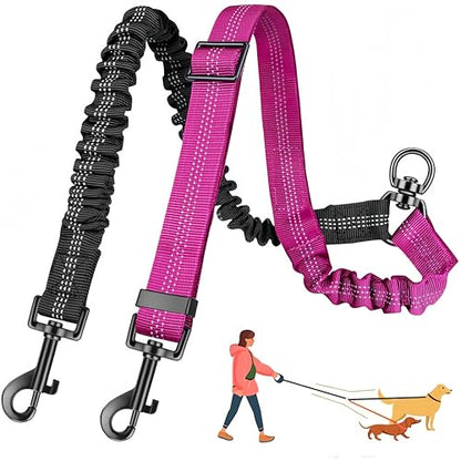 3-in-1 Double Dog Leash for Two Dogs, Adjustable Dual Leash with 360° Swivel & Bungee Shock Absorption, No-Tangle Reflective Coupler,for Walking, Running, Training (Black+Rose Red) - color: Black+Rose Red
