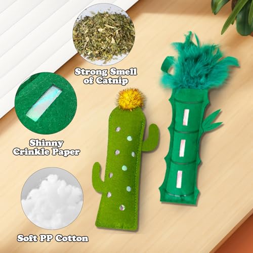 Andiker Catnip Toy for Cats, Cute Bamboo Shapes with Soft PP Cotton Bite-Resistant Cat Chew Toy with Catnip and Crinkle Paper Entertaining Interactive Cat Toy for Indoor Cats and Kitten (Cactus) - style: Cactus