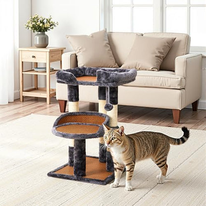 Fansafurn Multi-Level Cat Tree for Indoor Cats, Modern Cat Tower with Double Beds & Scratching Posts, 27 in Cute Cat Tree for Large Cats and Kitten, Small Cat Climbing Tower with Hanging Toys, Grey - color: Grey