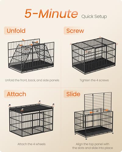 Feandrea Heavy-Duty Dog Crate, 5-Minute Quick Assembly, Foldable Dog Kennel Cage with Lockable Wheels, Double Doors, Escape Proof Fixed Bottom, Removable Tray, Easy to Clean, Ink Black, 37 Inch - size: 37.0"L x 24.0"W x 28.0"H