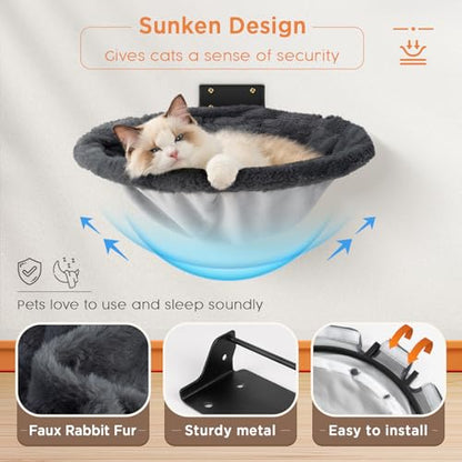 JUNSPOW Cat Hammock Wall Mounted, Foldable & Stable Cat Beds- Breathable Cats Wall Shelves for Sleeping, Playing, Climbing, and Lounging - Maximum Hold Up to 30lb（Gray,Faux Rabbit Fur） - color: Gray