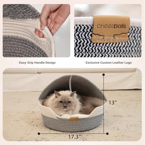 Cat Basket Bed with Washable Cushion and Ball Rope Cotton, Covered Pet Bed for Indoor Cats Cave Bed Hooded, Stimulicat Cat Bed Handwoven Breathable, All Season Universal(Blue) - color: Blue