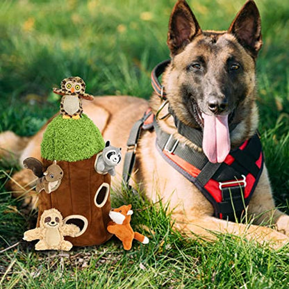 Hide and Seek Dog Puzzle Puppy Toys, Interactive Squeaky Plush, Stuffed Toys for Dogs (Sheep, Panda, Forest Animals) (Tree Hole Mix Large)