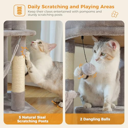 71.2 Inches Tall Cat Tree for Large Cats, Multi-Level Cat Tower with 2 Cozy Condos, Super Large Top Perch, 3 Hammocks, Sisal Scratching Posts and 2 Pompoms, Grey - color: Grey, size: 71.2 Inches