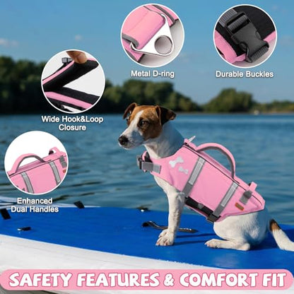EMUST Dog Life Vests, Adjustable XS Dog Life Jacket with Rescue Handle, Puppy Flotation Vest for Small/Medium/Large Dogs, SakuraPink, XS - color: Sakura Pink, size: XS