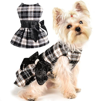 Dog Sweater Dress,Dog Dress for Small Dogs Girl, Plaid Winter Warm Fleece Lining Female Clothes, Pet Outfits Coat, Cat Apparel Christmas,Small,Black - color: Plaid Black, size: Small (Chest 16.9 in)