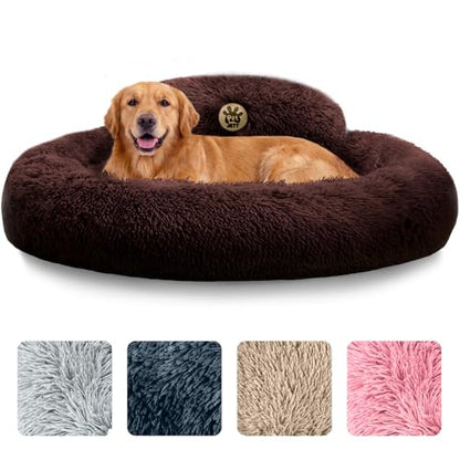 PetJett Dog Beds Large Sized Dog - 36'' Calming Round Bed, Anti-Slip & Washable Super Soft Donut Bed, Fluffy Faux Fur Anti-Anxiety Premium Comfort Pet Bed, Fits Dogs up to 80 lbs - Brown - color: Brown, size: Large - 36”L x 36”W x 8”Th