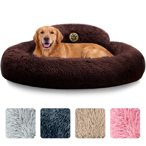 PetJett Dog Beds Large Sized Dog - 36'' Calming Round Bed, Anti-Slip & Washable Super Soft Donut Bed, Fluffy Faux Fur Anti-Anxiety Premium Comfort Pet Bed, Fits Dogs up to 80 lbs - Brown - color: Brown, size: Large - 36”L x 36”W x 8”Th