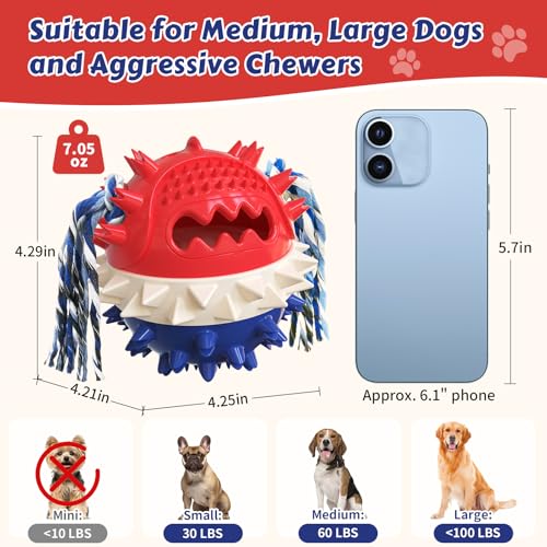 Dog Chew Toys Floating 4" Squeaky Ball for Aggressive Chewers Toothbrush Teething Cleaning Toys Outdoor Swimming Interactive Tough Toys with Treat Dispenser Ball for Medium and Large Dogs - color: Red & Blue