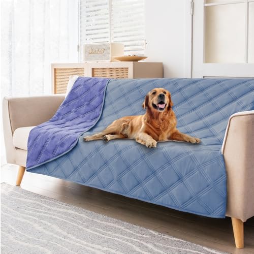 fuguitex Waterproof Dog Blanket Reversible for Small Dogs Resistant Leakproof Washable Couch Cushion Bed Protector Cover for Indoor Furniture Pet Friendly(52"*82",Violet Blue+ Light Blue) - color: Violet Blue+light Blue, size: 52"*82"