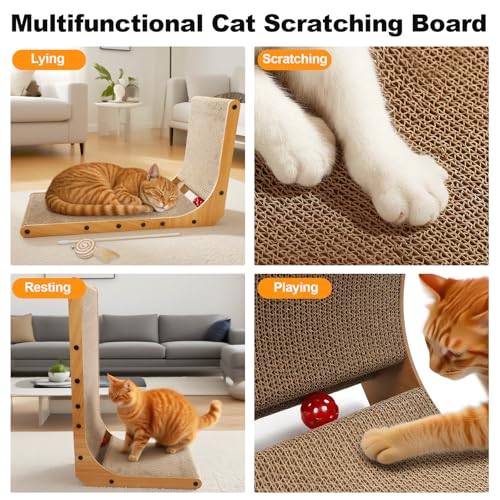 Goosheep L-Shaped Cat Scratcher 2-in1 Scratching Board for Indoor Cats Protecting Furniture Cardboard Box Scratch Pad with Ball Toy Cats Scratching Posts with Cat Teaser - color: 1pk 25.2in L-Shape Cat Scratcher with Box