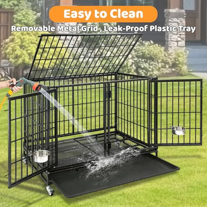 Homey Pet Stackable 43 inch Dog Crate Cage Kennel Indoor with Divider, 2X Steel Bowls, 4X Lockable Wheels, Tray, Heavy Duty Wire Dog Crates for Large/Medium/Small Dogs (Tall Model) - size: 42.5"L - Tall