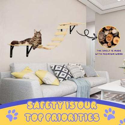 TIMIEEYA Cat Wall Shelves - Stable & Safe 5 in 1 Cat Walls Furniture Set, Wooden Kitten Climbing Wall with Bridge Ladder & Wall Steps - style: 5pcs with Bowl