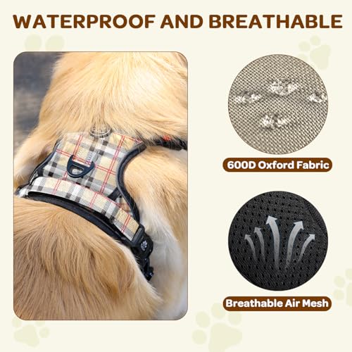Plaid Dog Harness for Medium Dogs, Reflective No Pull Adjustable Pet Vest with Front Clip, Leash, Easy Control Handle and Seat Belt, Beige&White, M - color: Beige & White, size: Medium