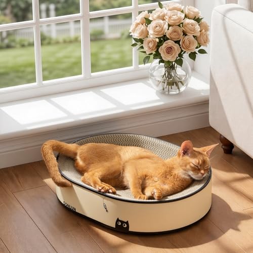 Conlun Oval Cat Scratcher Bed, 2-in-1 Cat Scratching Board, Natural Corrugated Cardboard Scratch Pad Lounge, Sealed Base Traps Debris,No Assembly Kitty Furniture,Stylish Colors Blends Any Home Decor - color: Black Cat, size: Medium(16.9"L x 12.9"W x 3.9"T