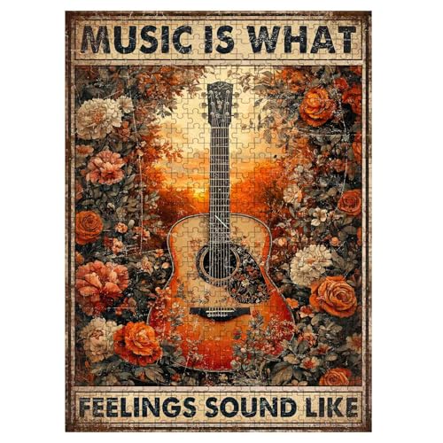 1000 Pieces Jigsaw Puzzles for Adults, Music is What Feelings Sound Like Guitar Flower Art Puzzle, Stress Relief Memory Training Brain Teaser Puzzle 29.5x19.7 Inch - color: Wooden Puzzle13, size: 1000 Piece pcs