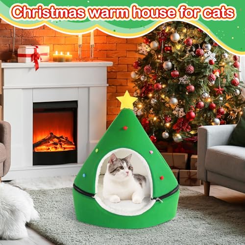 Beeveer Green Christmas Tree Cat House - 2 in 1 Foldable Cat Bed Tent with Self Warming Feature