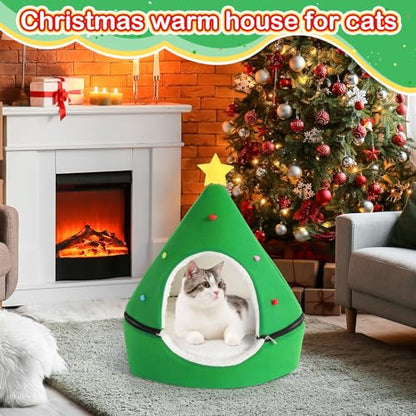 Beeveer Green Christmas Tree Cat House - 2 in 1 Foldable Cat Bed Tent with Self Warming Feature
