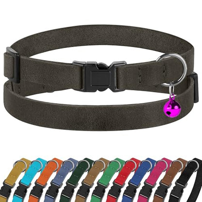 Breakaway Cat Collar Leather with Removable Bell - 13 Colors Available - Soft Adjustable Girl Boy Safety Lightweight Pet Kitten Collars Pink Brown Blue Green Red Orange Black (Graphite) - color: Graphite