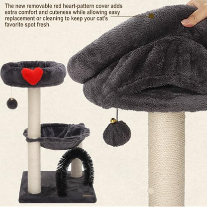 Simple Deluxe 27.8" Small Cat Tree Tower for Indoor Cats, Multi-Level Cute Cat Tree with Scratching Post| Plush Hammock| Perch| Replaceable Cover| Groomer Brush| Dangling Ball for Kittens Play & Rest - color: Smoky Gray & Heart