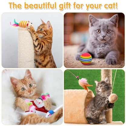 Poen 22pcs Cat Kitten Toys Set with 2 Collapsible Cat Tunnel and 20 Interactive Kitty Feather Toy, Fluffy Mouse, Crinkle Balls, for Kitten Puppy(Blue, Black) - color: Blue, Black