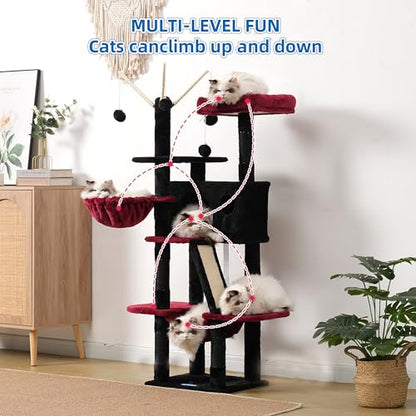 Hey-brother Gothic Cat Tree, 53 inch Cat Tower for Indoor Cats, Cat House with Padded Platform Bed, Toy Balls, Large Cozy Condo, Hammocks and Sisal Scratching Posts, Black and Red MPJ019SBR - color: Black and Red