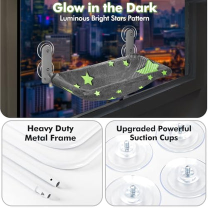 Zoratoo Cat Window Perch, Glow in The Dark Cordless Foldable Pet Hammock Bed for Window with Sturdy Metal Frame, Glowing Stars Pattern Resting Seat for Indoor Cats (Stars - M)