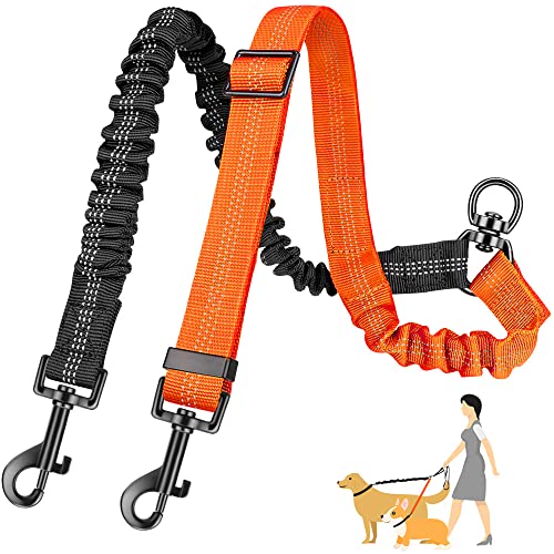 AUTOWT Two Dog Lead, 2 in 1 Upgraded Double Dog Leash Attachment Combine Adjustable Strap and Shock Absorbing Bungee No Tangle Dual Training Splitter for Different Size Dogs - color: Orange - Medium