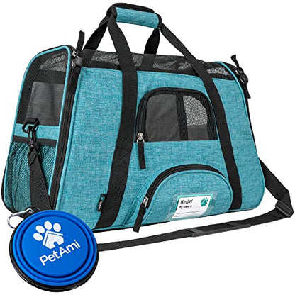 PetAmi Airline Approved Pet Carrier for Cats & Small Dogs, Soft Sided TSA Travel Carrier Bag Sherpa Bed, Breathable Mesh Ventilation, Collapsible Bowl, Fit Under Seat, Up to 18 lbs, Large Heather Blue - color: Heather Blue, size: Large - 19.5"L x 10.2"W x