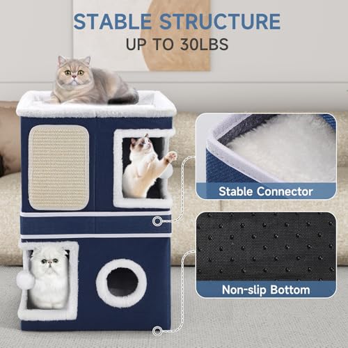 Shikha 2-Storey Cat Houses for Indoor Cats, Dual-Purpose Double Large Cat Beds Cave with Hideaway Condos, Scratch Pads, Fluffy Balls, Foldable Indoor Cat Cube House for Multi Small Pets Kitten, Blue - style: Blue