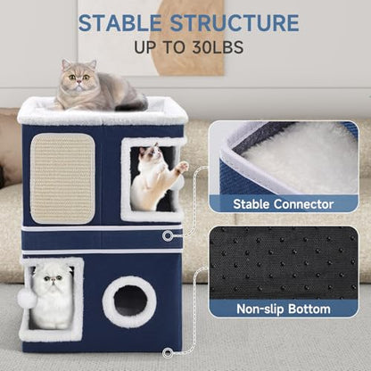 Shikha 2-Storey Cat Houses for Indoor Cats, Dual-Purpose Double Large Cat Beds Cave with Hideaway Condos, Scratch Pads, Fluffy Balls, Foldable Indoor Cat Cube House for Multi Small Pets Kitten, Blue - style: Blue