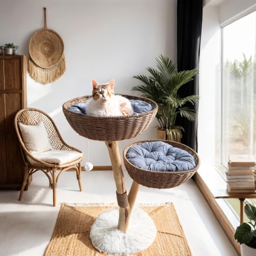 Cat Tree Modern - Minimalist Cat Tree with Sisal Rope Scratching Posts, Plush Cushioned, Baskets, and Fun Fluffy Ballew