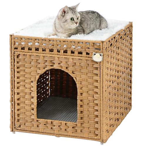 SETVSON Cat Litter Box Enclosure Furniture with One Cat Bed Pad, Hidden Litter Box Handwoven Rattan Cat House with Two S-Shaped Hooks for Living Room, Bedroom, 18.5 x 20.5 x 19.1 Inch,Natural - color: Natural, size: Standard With 1 Cat Bed