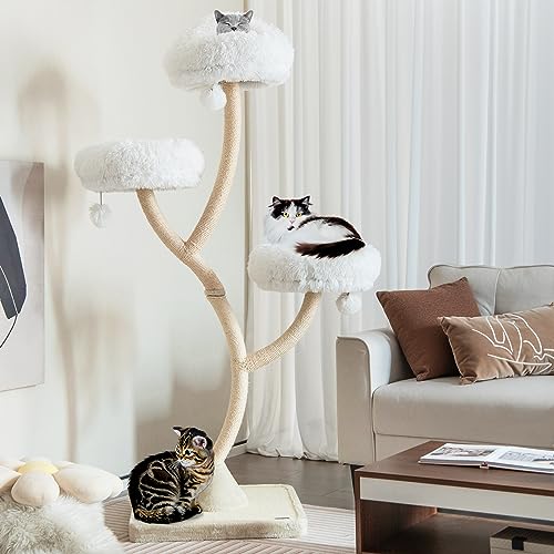 PETSITE 70" Tall Cat Tree, Cat Tower with Scratching Posts and Board, Multi-Level Cat Tower for Large Cats 20 lbs+ with 3 Cozy Perches and Dangling Balls, Modern Cat Tree for Indoor Cats Large Adult - color: White
