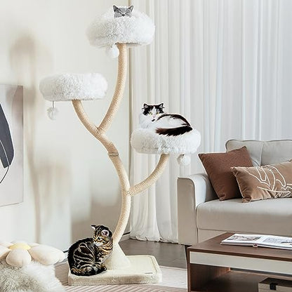 PETSITE 70" Tall Cat Tree, Cat Tower with Scratching Posts and Board, Multi-Level Cat Tower for Large Cats 20 lbs+ with 3 Cozy Perches and Dangling Balls, Modern Cat Tree for Indoor Cats Large Adult - color: White