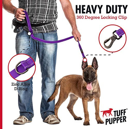 Tuff Pupper Heavy Duty Double Handle Leash | Twist Locking Carabiner Clip | Safety Lock for Strong Dogs | Reflective for Safe Night Walks | 6 Foot Leash | For Medium & Large Dogs - color: Purple