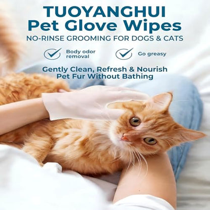 Pet Glove Wipes, No Rinse Deodorizing Mittens for Sphynx, Devon Rex, Cats & Dogs, Thickened Hypoallergenic with Aloe Vera, Unscented Full Body Grooming, Daily Care & Travel, 12 Count