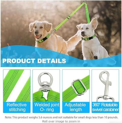 Double Dog Leash Coupler, No Tangle 360° Swivel Adjustable Reflective Dog Leash Splitter for 2 Dogs, Heavy Duty Shock Absorbing Bungee Lead Extension for Small Medium Large Dogs