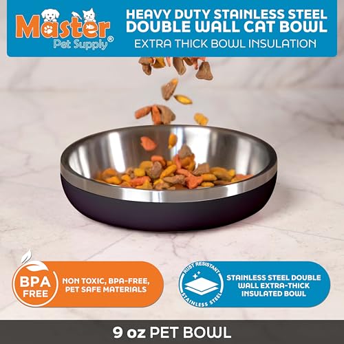 Master Pet Supply Stainless Steel Cat Bowls - 9 oz Heavy Duty - Black Velvet, Double Wall Extra-Thick Insulated, Non-Slip Pet Water Bowl for Cats & Pets, Anti Rust Metal, Dishwasher Safe - color: Black Velvet