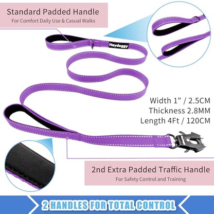 Strong Heavy Duty Dog Leash - 4ft Reflective Nylon Training Leash with Soft Padded Double Handle & Auto Lock Frog Clip, Safety Traffic Control for Large Medium Small Dogs No Pull Walking Purple,4ft - color: Purple, size: 4FT x 1" x 2.8MM