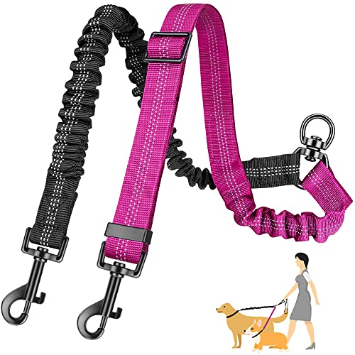 AUTOWT Two Dog Lead, 2 in 1 Upgraded Double Dog Leash Attachment Combine Adjustable Strap and Shock Absorbing Bungee No Tangle Dual Training Splitter for Different Size Dogs - color: Fuchsia - Medium