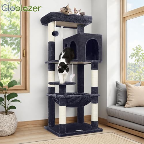 Globlazer Cat Tree Tower with Scratching Post for Indoor Cats, 53inch Tall Plush Multi-Level Cat Climbing Tower Condo House with Large Hammock, Spacious Cat Condo, Big Padded Top Perch, F53, Dark Gray - color: Dark Gray