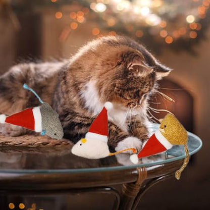 6-Pack Catnip Cat Mice Toys with Cute Christmas Hats - Holiday Cat Plush Toy Set for Cats & Kittens, Festive Interactive Catnip Mice for Indoor Cats, Durable & Fun Christmas-Themed Cat Toys-Style 2 - size: 6 Upright hat Christmas mice