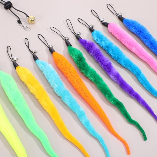 10Pcs Cat Worm Toy for Cat, Interactive Cats Wand Attachments Replacements Worm Teaser with Bell and 1 Black String, Indoor Cats Kitten Catch Toy Accessories for Pet Fishing Pole Toys