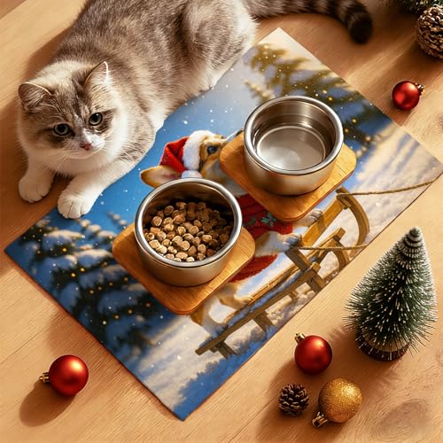 HOMETITUTE Cute Winter Dog Pet Food Mat Merry Christmas Spill-Proof Pet Feeding Mat Winter Holiday Cat Water Bowl Mats 20" x 12" Christmas Pet Placemat Cat and Dog Accessories - color: Orange