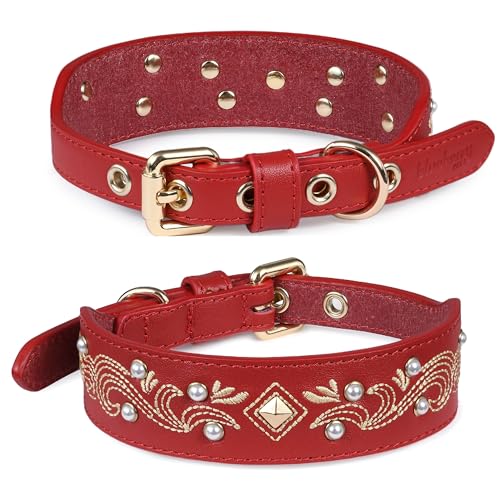 Blueberry Pet Western Leather Dog Collar - Genuine Leather with Floral Embroidery & Pearl Studs Adjustable 12-15 Inch Neck for Small Dogs - color: Frontier Red, size: Small