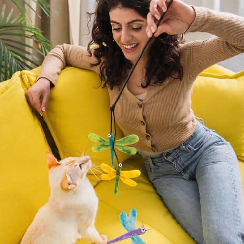 Glaciart One Cat Wand Toy Refill – 3pcs Wool Dragonfly Felt Cat Toy, Durable Lures Attachments for Indoor Play - Filled w/Organic Catnip to Excite/Calm Pet - color: Dragonfly